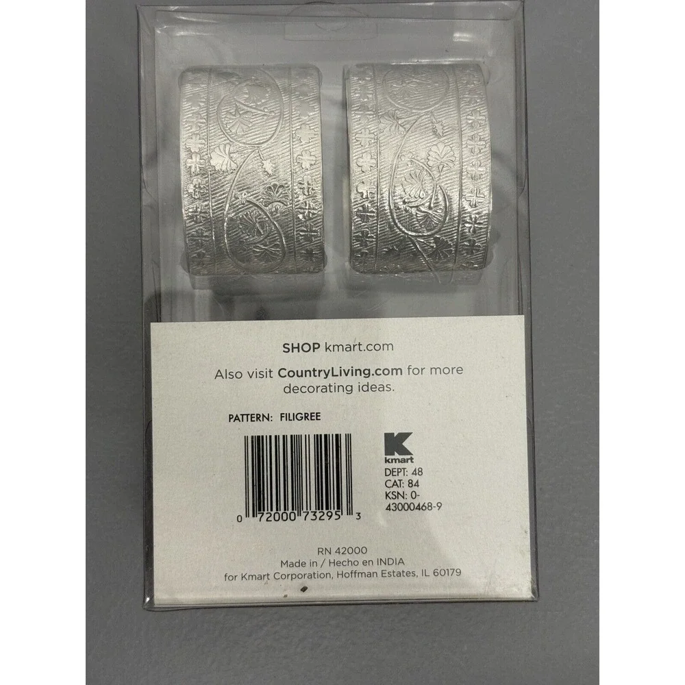 New Set of 4 Country Living Silver Color Embossed Metal Napkin Rings Vintage #20